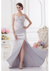 Light Grey Column Sweetheart Prom Dress with Ruching and Beading