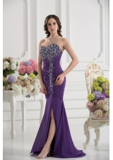 Mermaid Sweetheart Chiffon Beading Ruching Purple Prom Dress