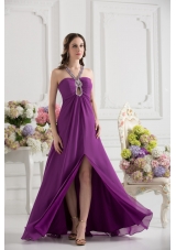 Purple Empire Halter Top Beading Ruching Chiffon Prom Dress