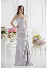 Silver Column V-neck Satin Prom Dress with Ruching and Beading