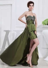 Sweetheart High-low Beading Ruching Taffeta Olive Green Prom Dress