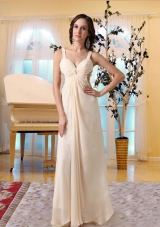 Pretty Straps Evening Dress with Beading and Ruching in Champagne