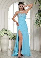 Sweetheart High Slit Beaded Aqua Blue Prom Dress with Brush Train