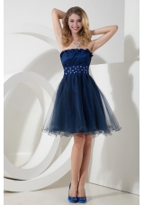 2015 Charming Navy Blue Princess Strapless Organza Beading Prom Dress