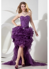 2015 Unique Purple High Low Beading Organza Evening Dress with Brush Train