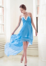 High Low Baby Blue Princess Chiffon Prom Dress with Beading