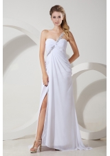 One Shoulder White High Slit Beading Evening Chiffon Dress with Brush Train