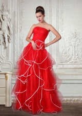 Red Floor Length Strapless Ruching A Line Prom Dress for 2015