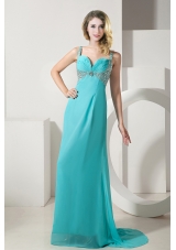 Turquoise Column Straps Brush Train Chiffon Beading Prom Dress