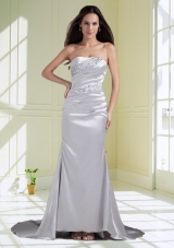 Silver Strapless Beading Brush Train Column Prom Dress with Ruching