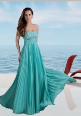 Turquoise Empire Strapless Beading Prom Dress with Pleats