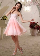Pink A Line Sweetheart Mini Length Chiffon Beading Prom Dress