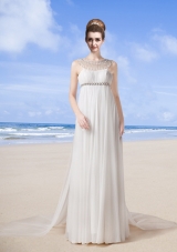Beach Scoop Empire Brush Train Wedding Dress with  Beading