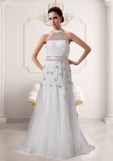 Lace Beading Brush Train Empire Wedding Dress with High Neck