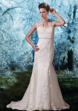 Lace Wide Straps Court Train Beading Open Back Wedding Dress