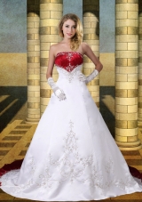 New Style A Line Strapless Chaple Train Wedding Dresses with Embroidery