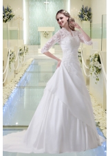 Princess Appliques V Neck Court Train Wedding Dress with Long Sleeves