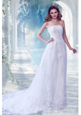 Fashionable Column Lace Appliques Wedding Dreses with Chapel Train
