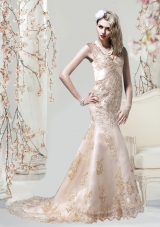 Gorgeous Champagne Mermaid V Neck Embroidery Wedding Dresses