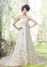 Romantic A Line Strapless Court Train Wedding Dresses with Hand Made Flowers