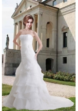 White Hand Made Flowers Court Train Wedding Dresses with Ruffled Layers