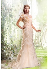 Column Ruffled Layers One Shoulder Brush Train Wedding Dresses in Peach