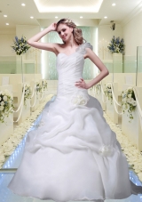 Elegant One Shoulder Brush Train Hand Made Flowers Wedding Dresses
