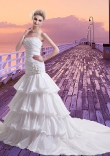 Discount Strapless Chapel Train Wedding Dress with Hand Made Flowers