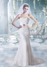 Sweetheart Lace and Elastic Woven Satin Court Train Sheath Wedding Gowns