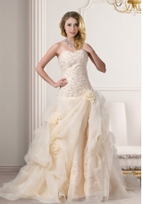 A Line Embroidery Sweetheart Brush Train Wedding Dress in Champagne