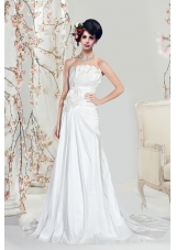 A Line Strapless Hand Made Flower Wedding Dresses with Court Train