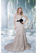 Beautiful Column Court Train Lace Wedding Dresses with V Neck