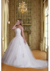 Cheap A Line Strapless Appliques Wedding Dresses with Chapel Train
