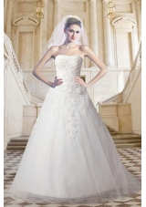 Classical Lace Strapless A Line Court Train Wedding Dress with Appliques
