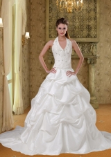 Romantic Halter Sleeveless Wedding Dresses with Pick Ups
