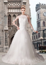Elegant A Line Halter Chapel Train Beading Wedding Dresses with Lace
