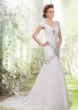Elegant Mermaid V Neck Rhinestone Cap Sleeves Wedding Dress