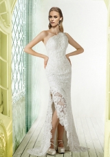 Lace One Shoulder Brush Train Column Wedding Dress for 2015