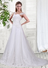 Sweet A Line Straps Court Train Wedding Dress with Lace