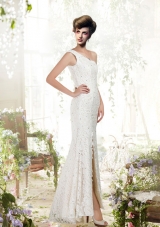 White Column One Shoulder Lace Beading Wedding Dress with Floor Length