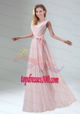 Fashionable Belt Ruching Chiffon Bridesmaid Dress with Bowknot