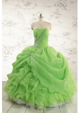 2015 Puffy Strapless Appliques Quinceanera Dresses in Spring Green