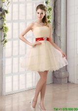 A Line Belt Strapless Christmas Party Dress with Mini Length