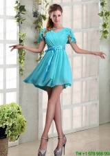 A Line Ruching and Belt V Neck Christmas Party Dress with Cap Sleeves