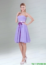 Decent Lavender Ruched Mini Length Prom Dress with Bowknot Sash for Christmas Party