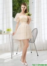 Lace High Low Short Sleeves Christmas Party Dress with One Shoulder for Christmas Party