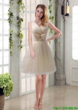 Beautiful Champagne Bowknot Princess Prom Dresses with V Neck
