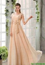 Scoop Ruching Cap Sleeves Chiffon Prom Dresses in Champagne for Christmas Party