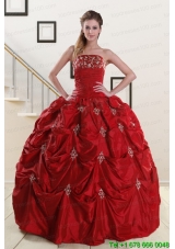 Cheap Strapless Wine Red Appliques Quinceanera Dresses for 2015