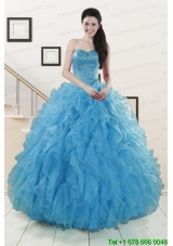 Hot Sell Beaded 2015 Quinceanera Dresses Ruffled in Blue